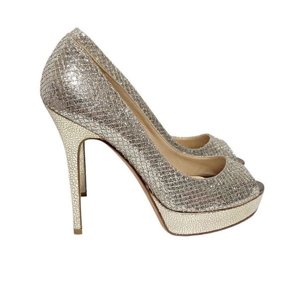 Jimmy Choo Gold Champagne Glitter Luna Peep Toe Platform Pumps Women’s Size 38.5 - Picture 5 of 16
